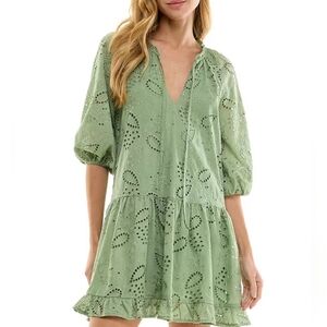 SENI & CADE Eyelet Embroidered Blouson-Sleeve Shift Dress Size Large